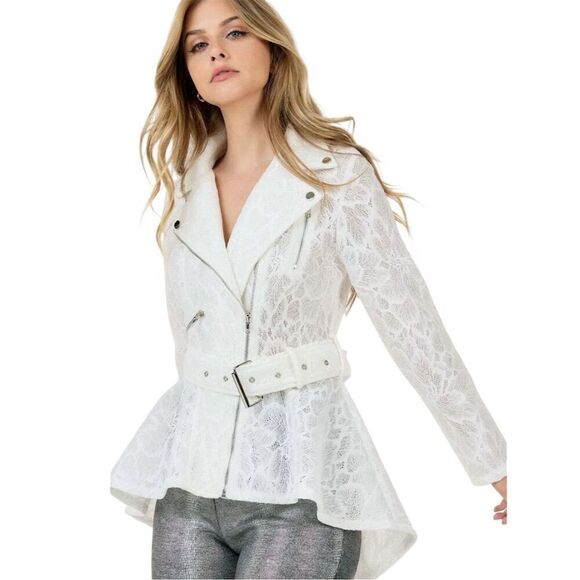 Women's Plus White Lace High Low Belted Zip Up Jacket S, M, L - Picture 3 of 7